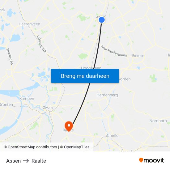 Assen to Raalte map