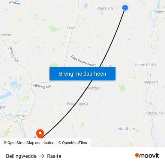 Bellingwedde to Raalte map