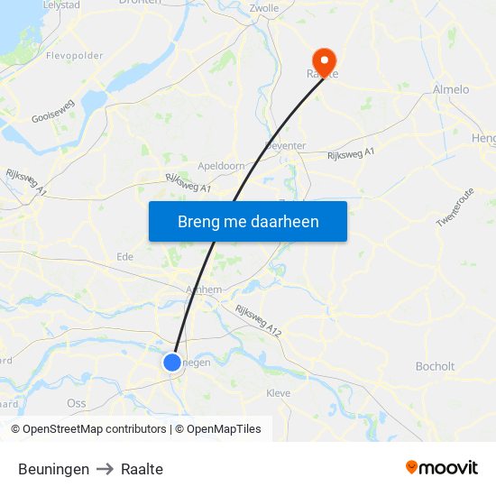 Beuningen to Raalte map