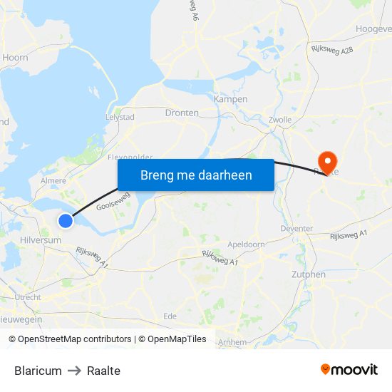 Blaricum to Raalte map