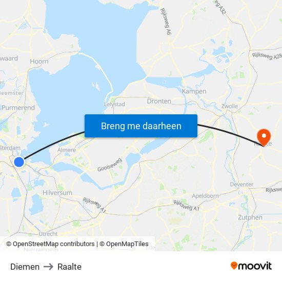 Diemen to Raalte map