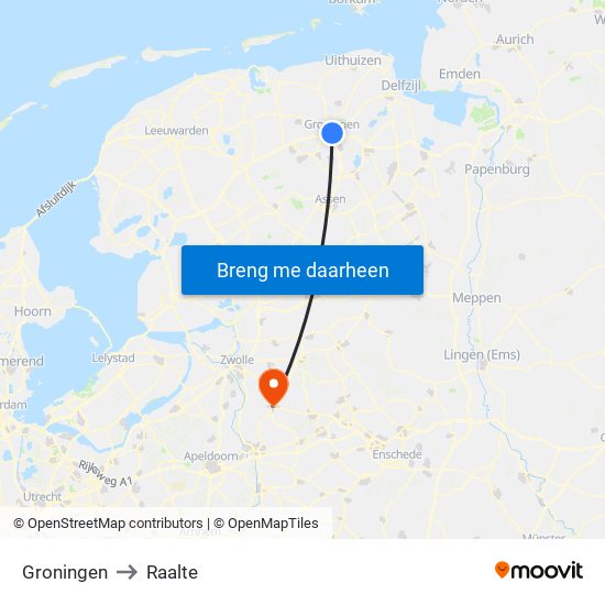 Groningen to Raalte map