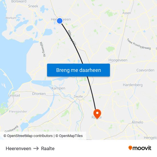 Heerenveen to Raalte map