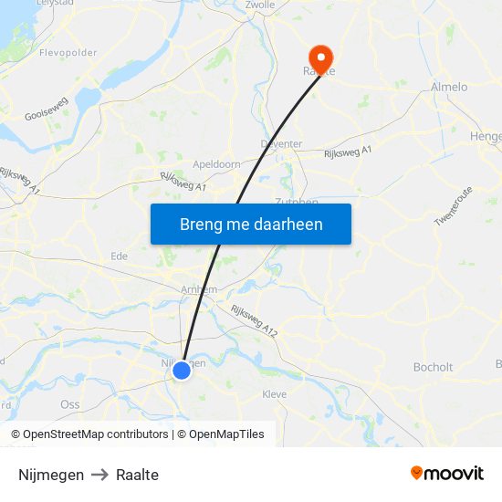 Nijmegen to Raalte map