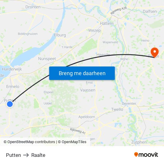 Putten to Raalte map