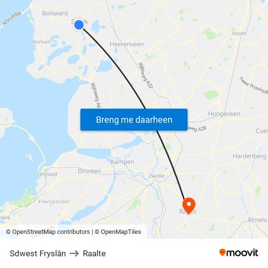 Sdwest Fryslân to Raalte map