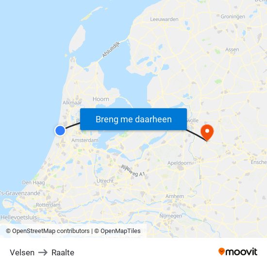 Velsen to Raalte map