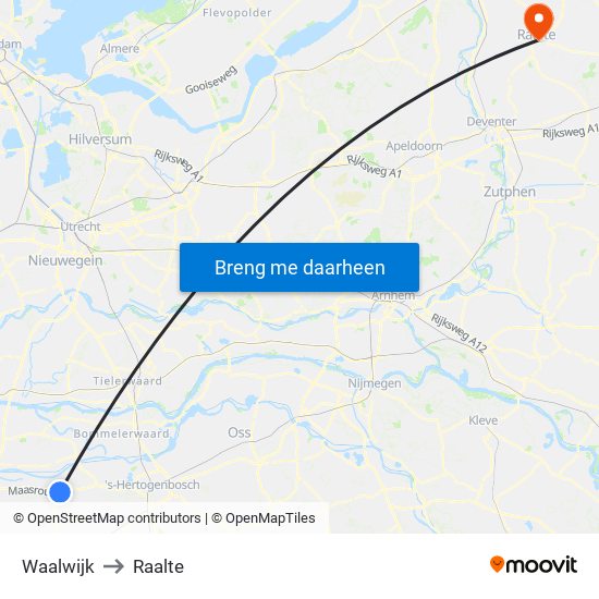 Waalwijk to Raalte map