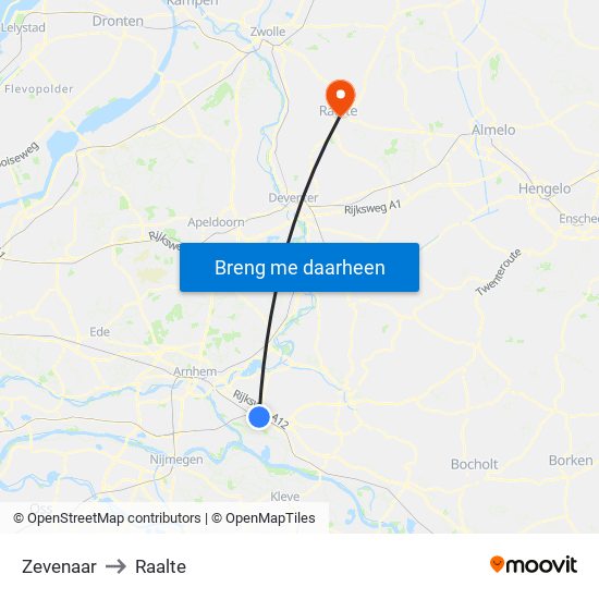 Zevenaar to Raalte map