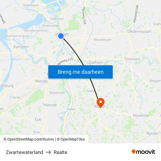 Zwartewaterland to Raalte map