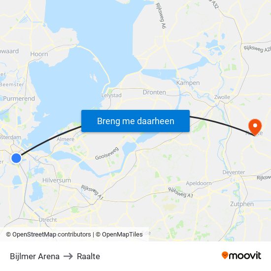 Bijlmer Arena to Raalte map