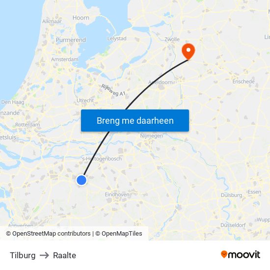 Tilburg to Raalte map