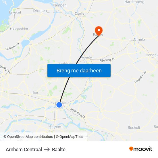 Arnhem Centraal to Raalte map