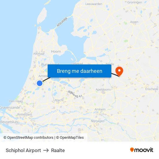 Schiphol Airport to Raalte map