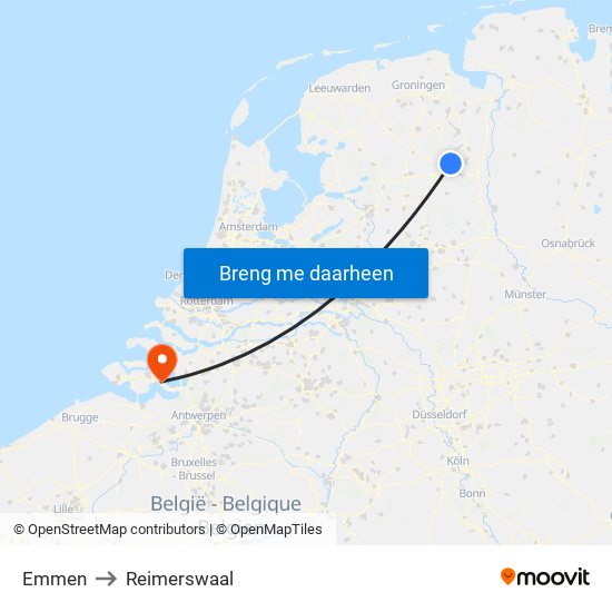 Emmen to Reimerswaal map