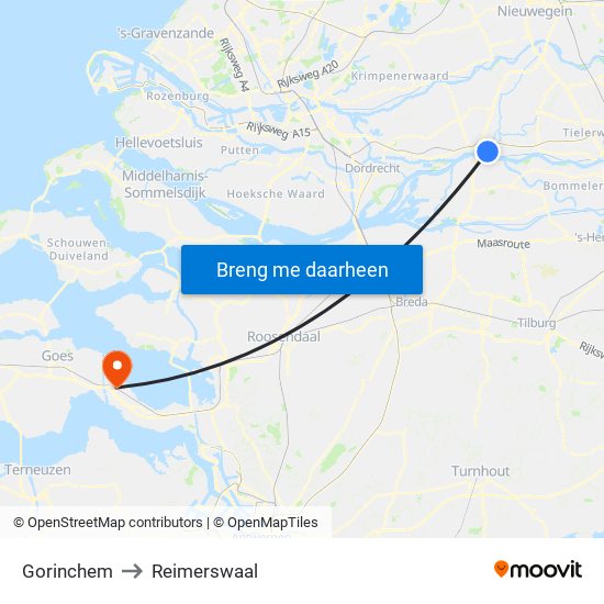 Gorinchem to Reimerswaal map