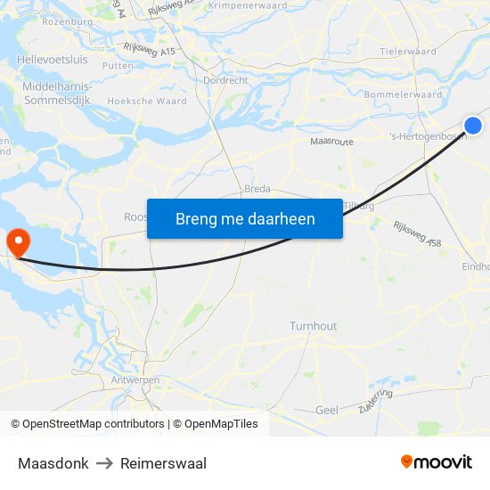 Maasdonk to Reimerswaal map