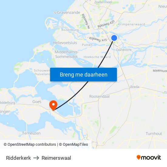 Ridderkerk to Reimerswaal map