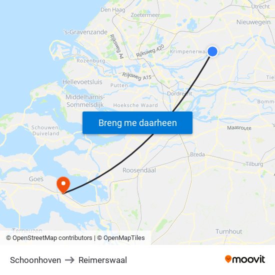 Schoonhoven to Reimerswaal map
