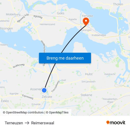 Terneuzen to Reimerswaal map