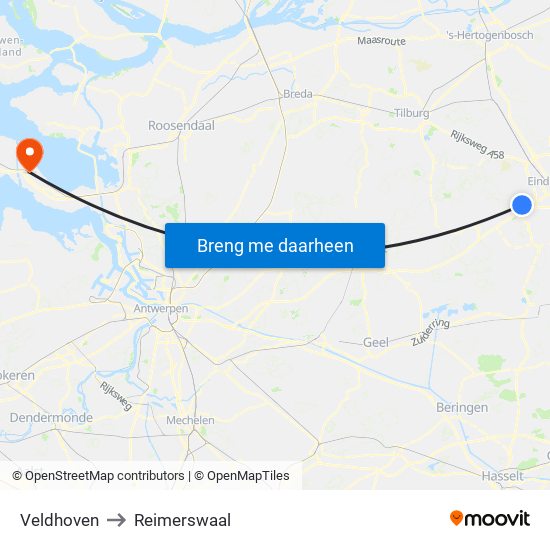 Veldhoven to Reimerswaal map