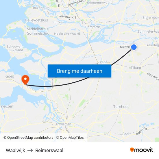 Waalwijk to Reimerswaal map