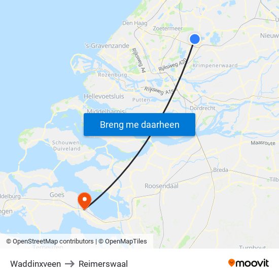 Waddinxveen to Reimerswaal map
