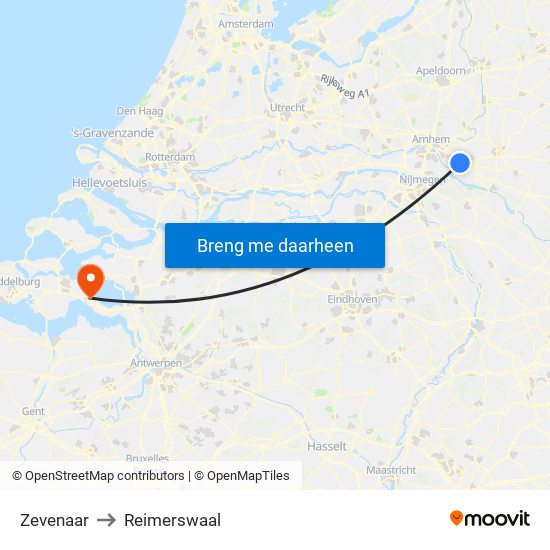 Zevenaar to Reimerswaal map