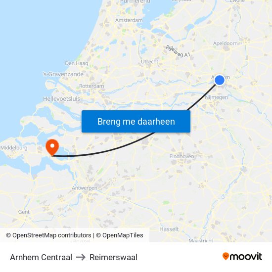 Arnhem Centraal to Reimerswaal map