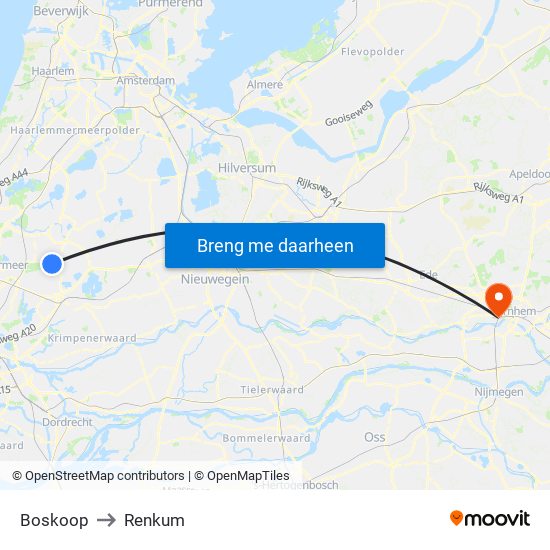 Boskoop to Renkum map