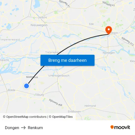 Dongen to Renkum map