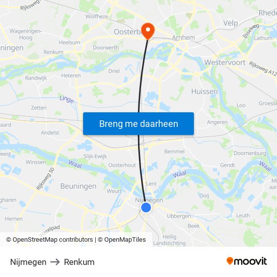 Nijmegen to Renkum map