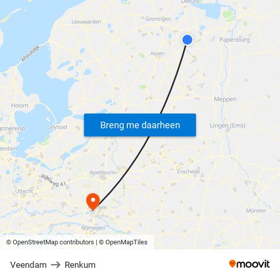 Veendam to Renkum map