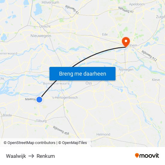 Waalwijk to Renkum map