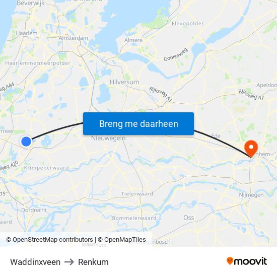 Waddinxveen to Renkum map