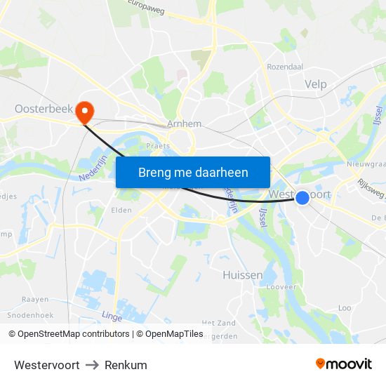 Westervoort to Renkum map