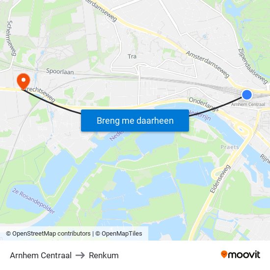 Arnhem Centraal to Renkum map