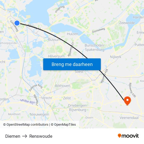 Diemen to Renswoude map