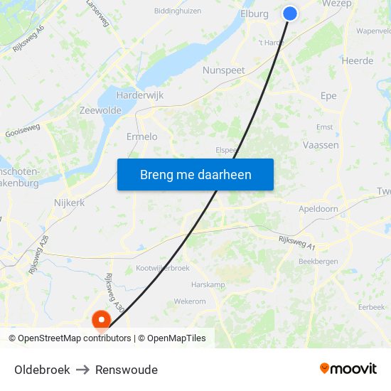 Oldebroek to Renswoude map