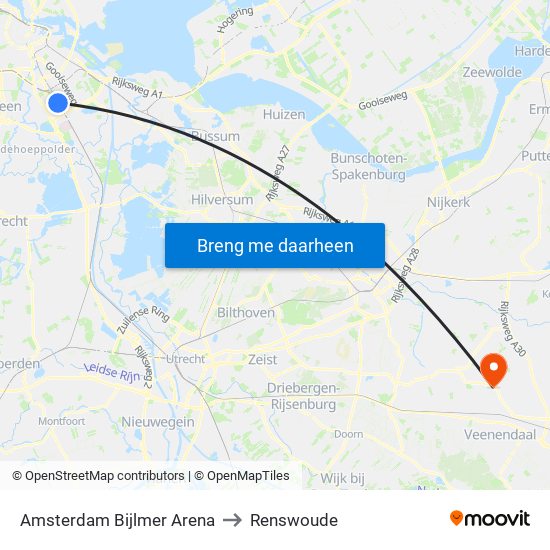 Amsterdam Bijlmer Arena to Renswoude map