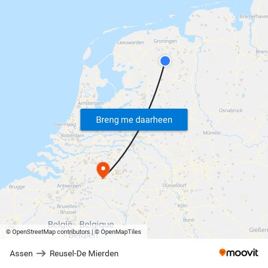 Assen to Reusel-De Mierden map