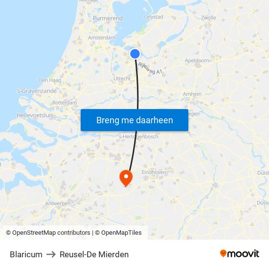 Blaricum to Reusel-De Mierden map