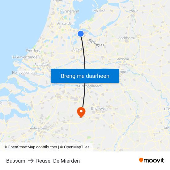 Bussum to Reusel-De Mierden map