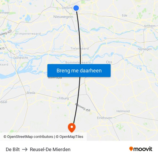De Bilt to Reusel-De Mierden map