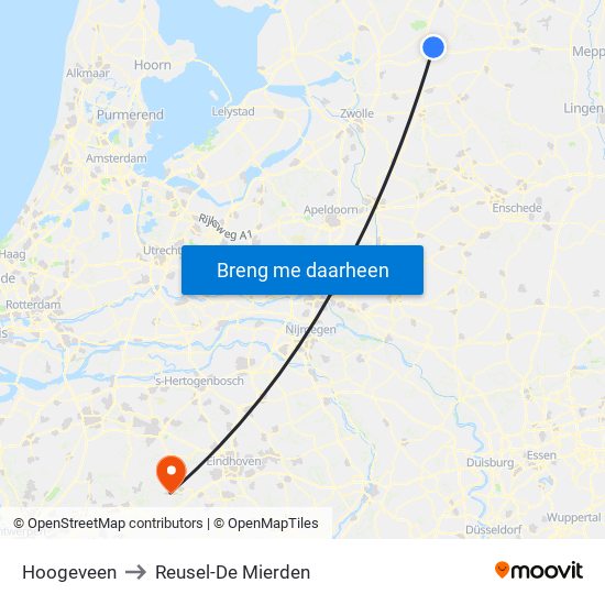 Hoogeveen to Reusel-De Mierden map