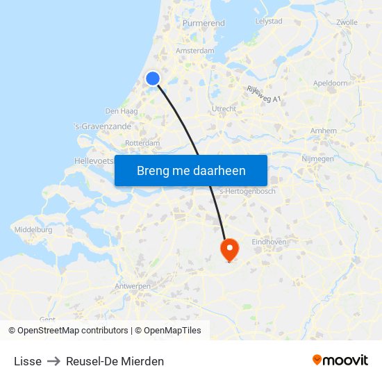 Lisse to Reusel-De Mierden map