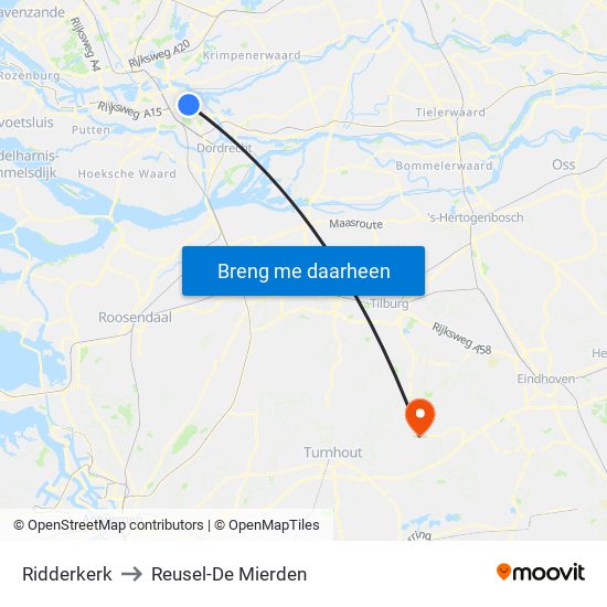 Ridderkerk to Reusel-De Mierden map