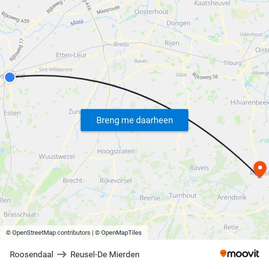 Roosendaal to Reusel-De Mierden map