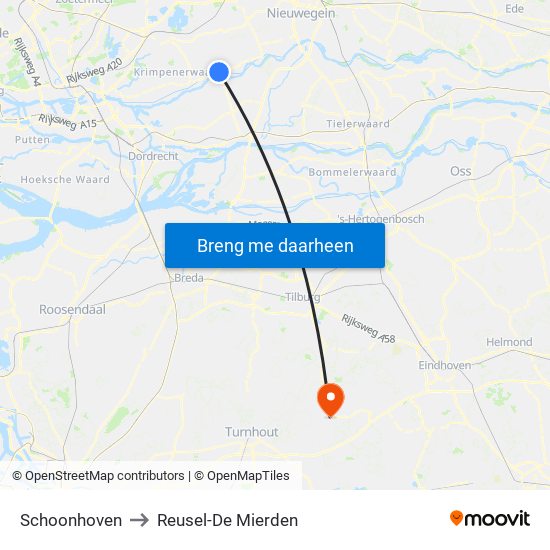 Schoonhoven to Reusel-De Mierden map