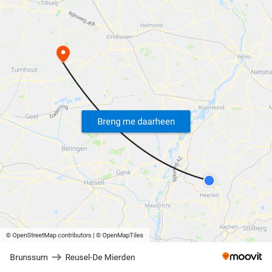 Brunssum to Reusel-De Mierden map